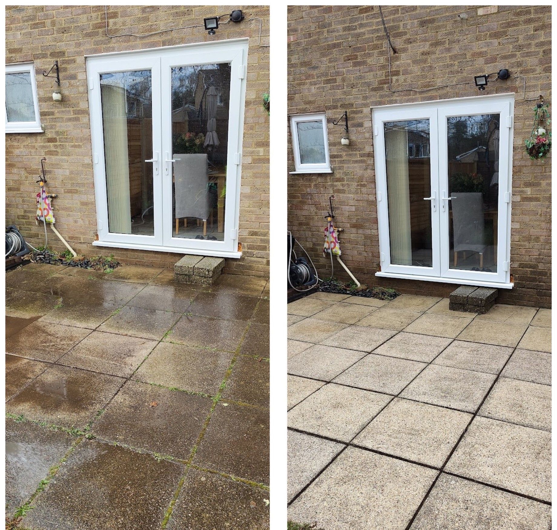 Patio slabs before jet washing, dark and green, and after, clean and light