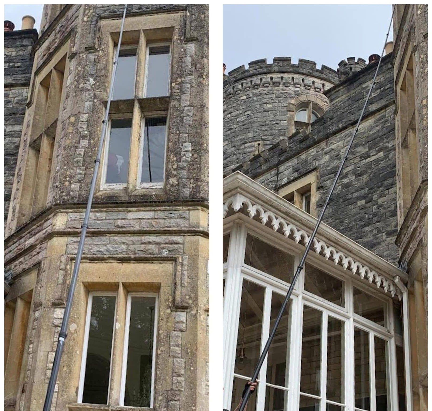SWWC cleaning tall windows on a stone building with a water-fed reach-and-wash pole